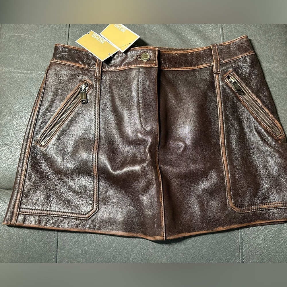 Michael Kors Dark Brown Leather A-Line Mini Skirt - Picture 4 of 9